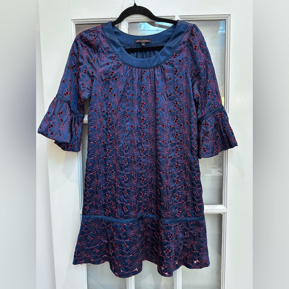 Vintage Betsey Johnson 90’s Navy & Red Floral Crochet Embroidered Dress Size 4